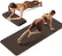 Brown foldable yoga mat shown unfolded for floor exercise and folded beneath a woman performing a forearm plank.
