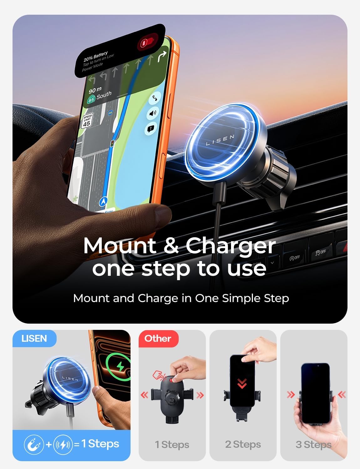 Magnetic MagSafe Car Phone Mount Charger 15W encalife