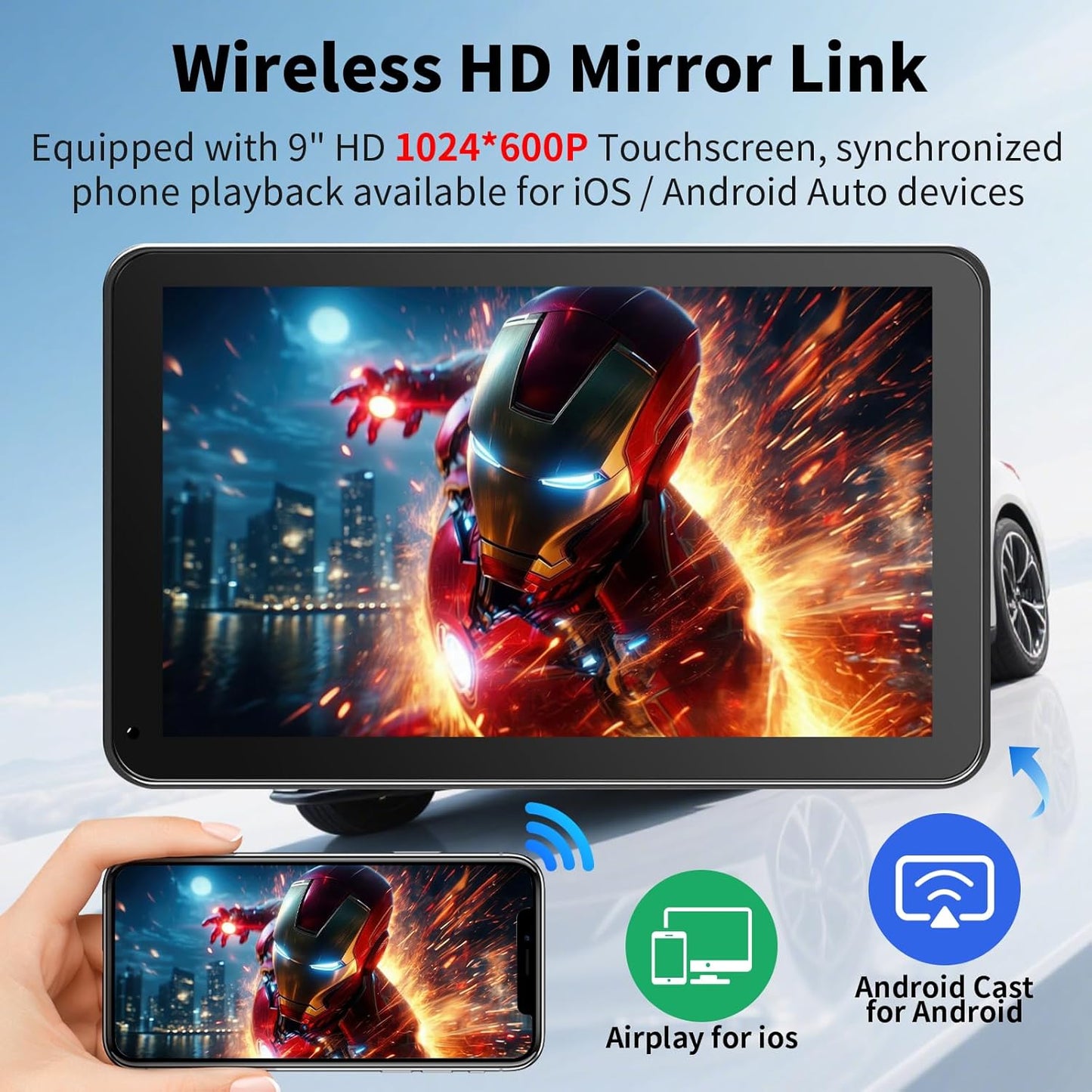 9 Inch Wireless Carplay Screen Portable Touchscreen encalife