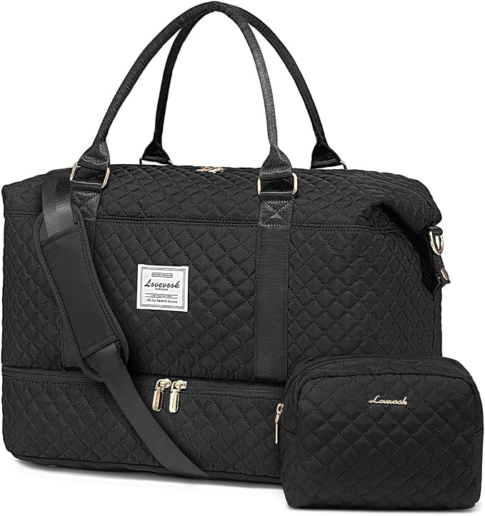 Black women’s weekender travel bag with shoe compartment and toiletry pouch