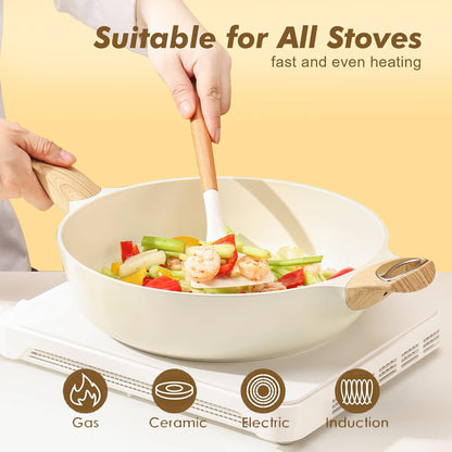 Nonstick Frying Pan with Lid I 12 Inch Ceramic encalife
