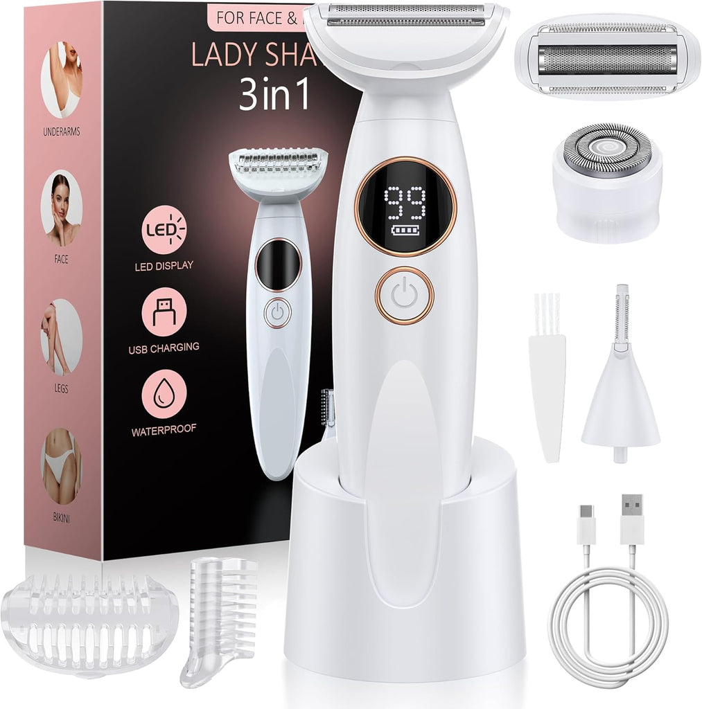 3-in-1 electric razor women use for facial hair removal, bikini grooming, underarms, and body hair removal with digital display and waterproof design.