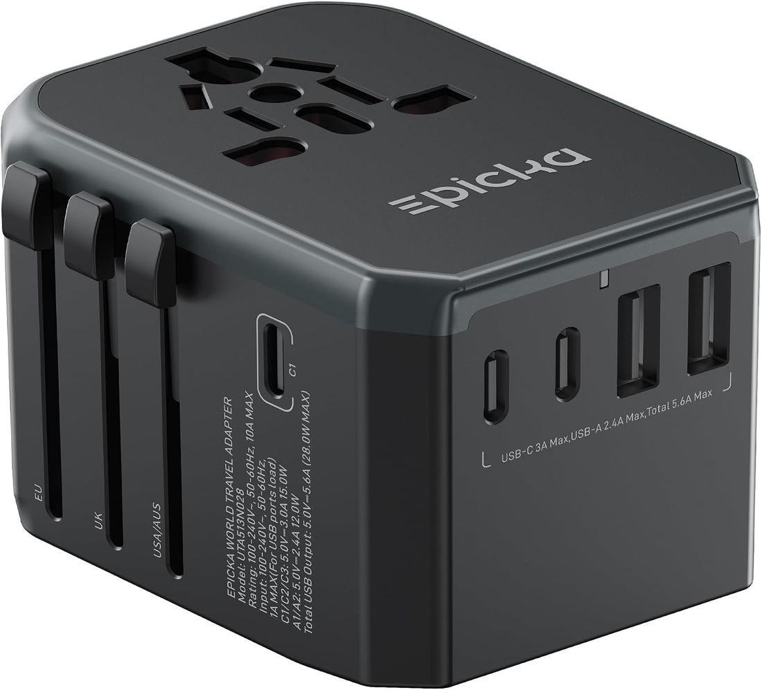 Universal travel adapter with three USB-C ports two USB-A ports and international plugs