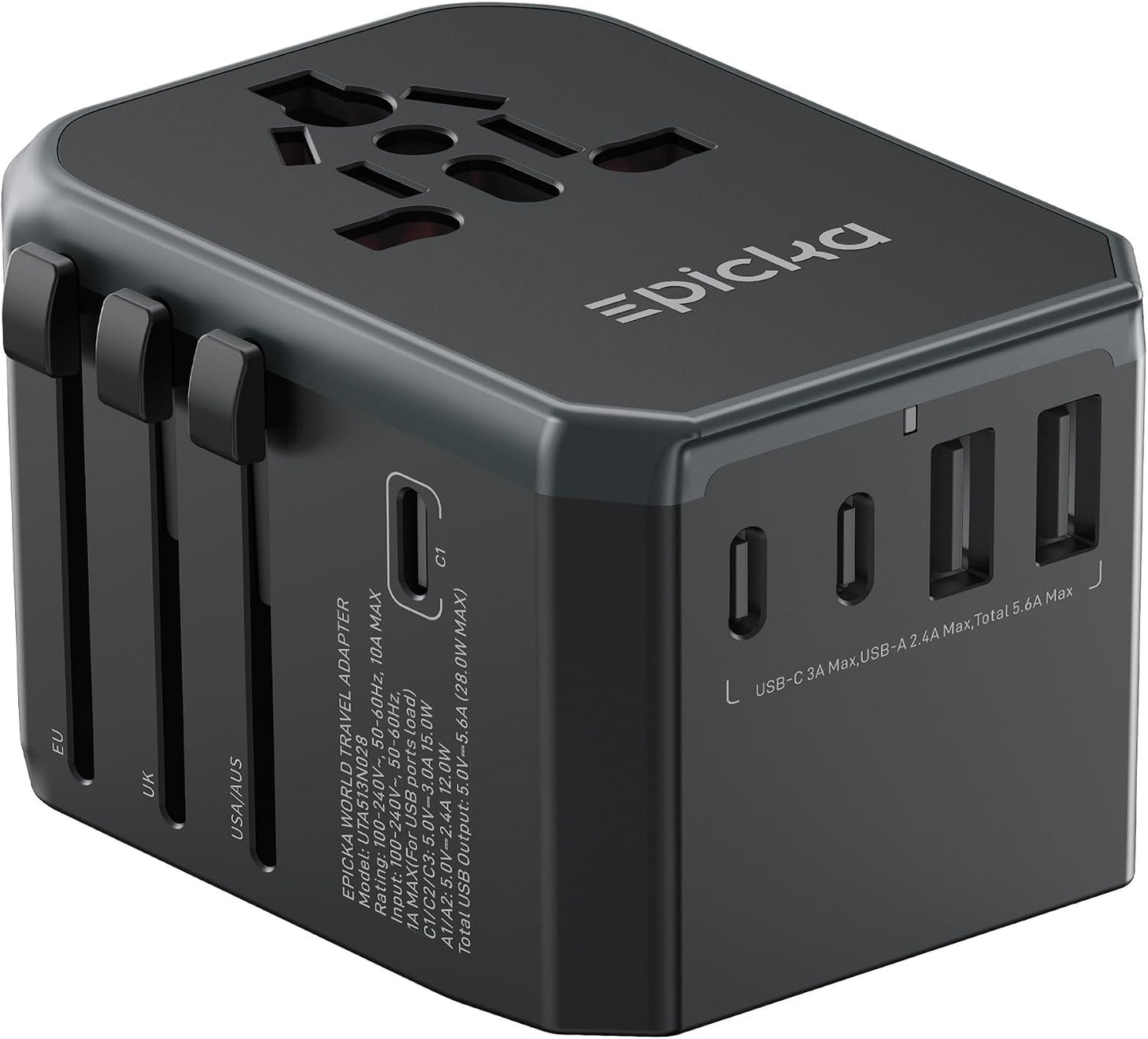 Universal travel adapter with three USB-C ports two USB-A ports and international plugs