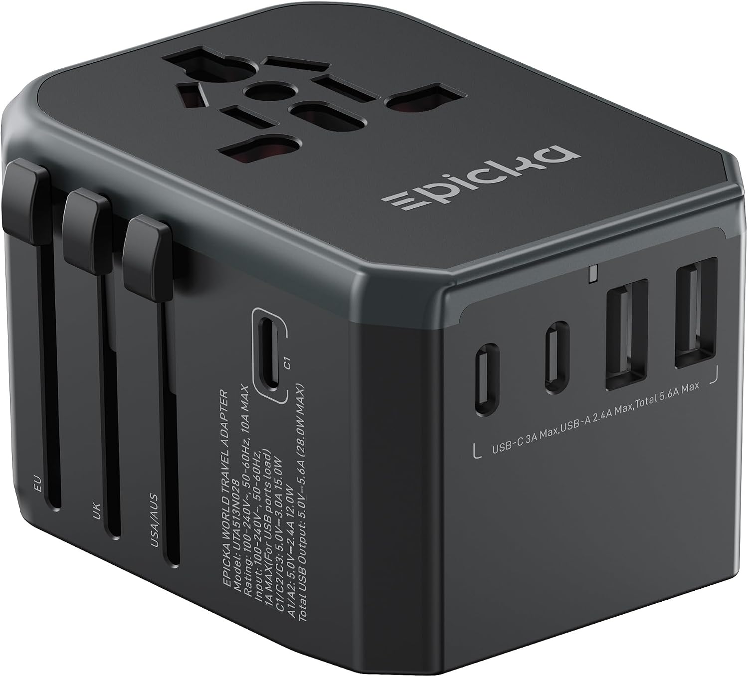 Universal travel adapter with three USB-C ports two USB-A ports and international plugs