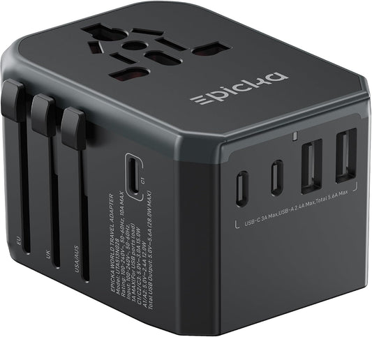 Universal travel adapter with three USB-C ports two USB-A ports and international plugs