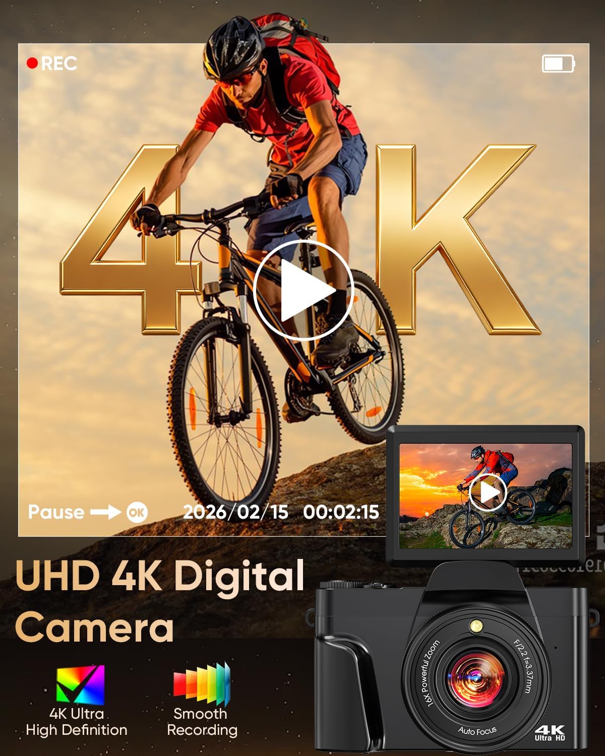 4K Digital Camera I 64MP Vlogging &amp; Travel Camera with Flip Screen encalife