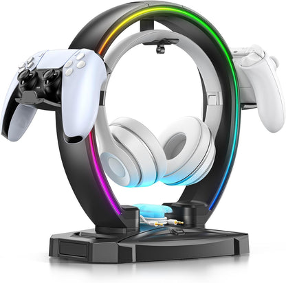 Black RGB Lighting headset and controller stand with colorful illuminated frame, foldable controller hooks, and cable organizer