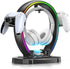 Black RGB Lighting headset and controller stand with colorful illuminated frame, foldable controller hooks, and cable organizer