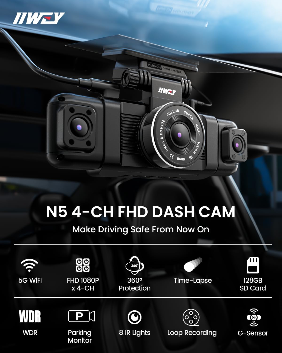 4 Channel Dash Cam I 360 View for Cars WiFi 128GB encalife