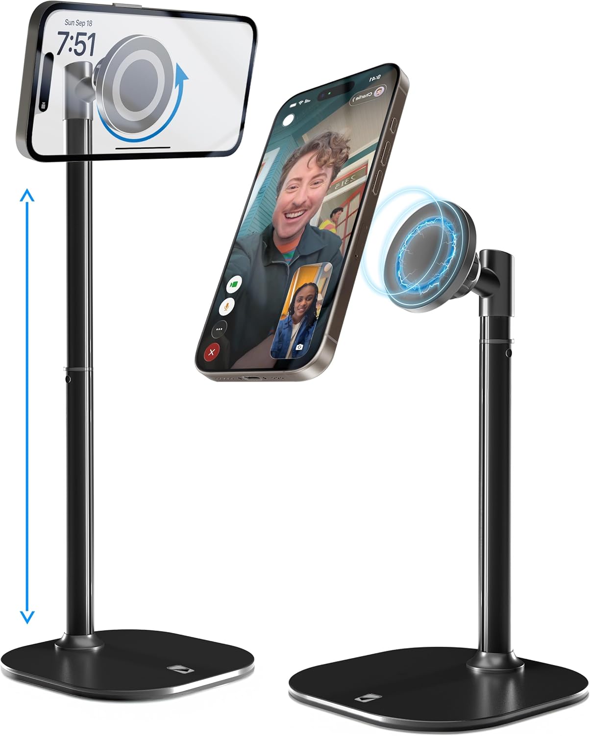 Magnetic mobile stand with adjustable height and weighted desk base