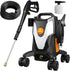 Black and white electric pressure washer with wheels, high-pressure hose, spray gun, four quick-connect nozzles, and foam bottle