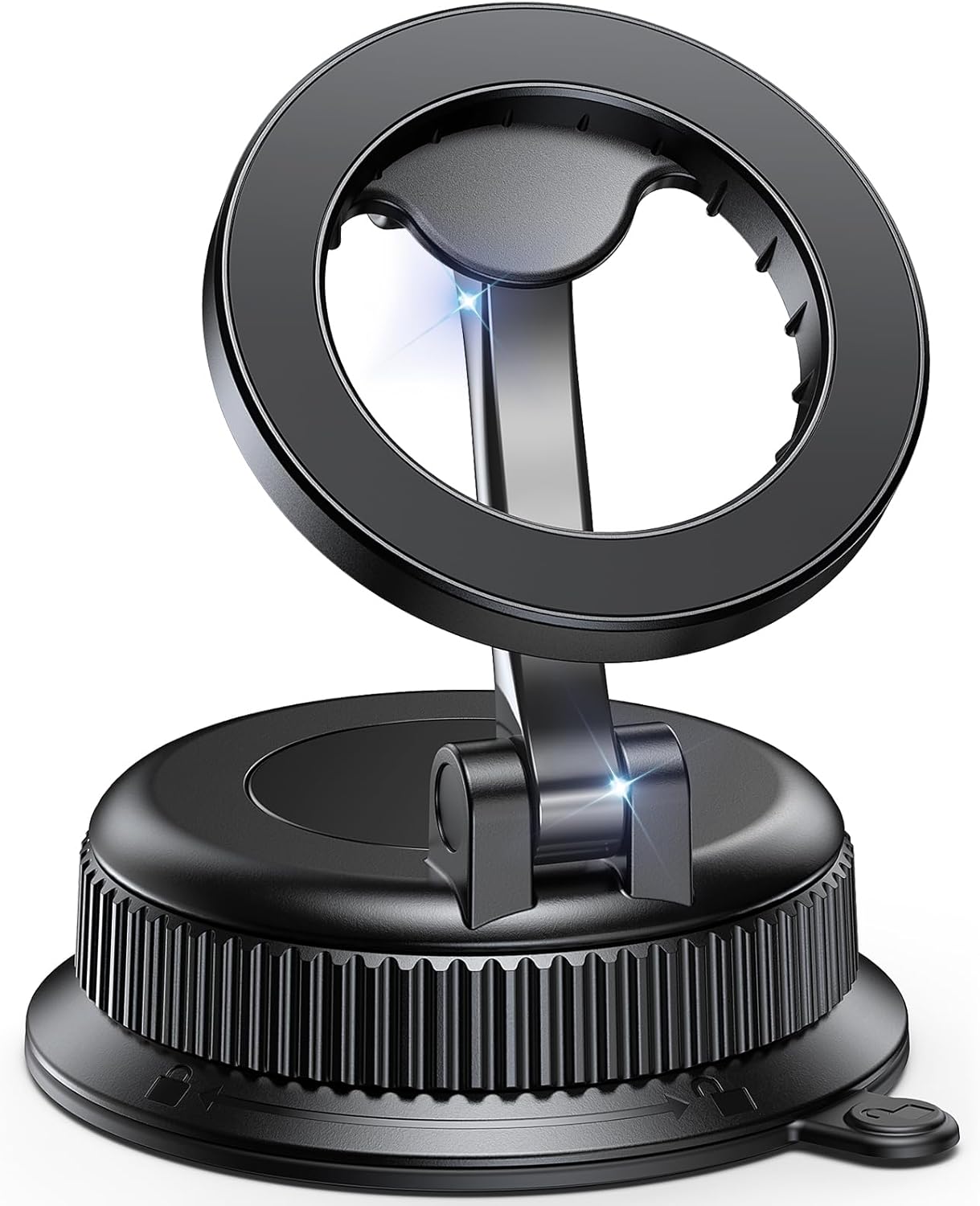 Black Magnetic MagSafe car phone mount on dashboard for hands-free driving
