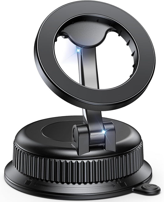 Black Magnetic MagSafe car phone mount on dashboard for hands-free driving