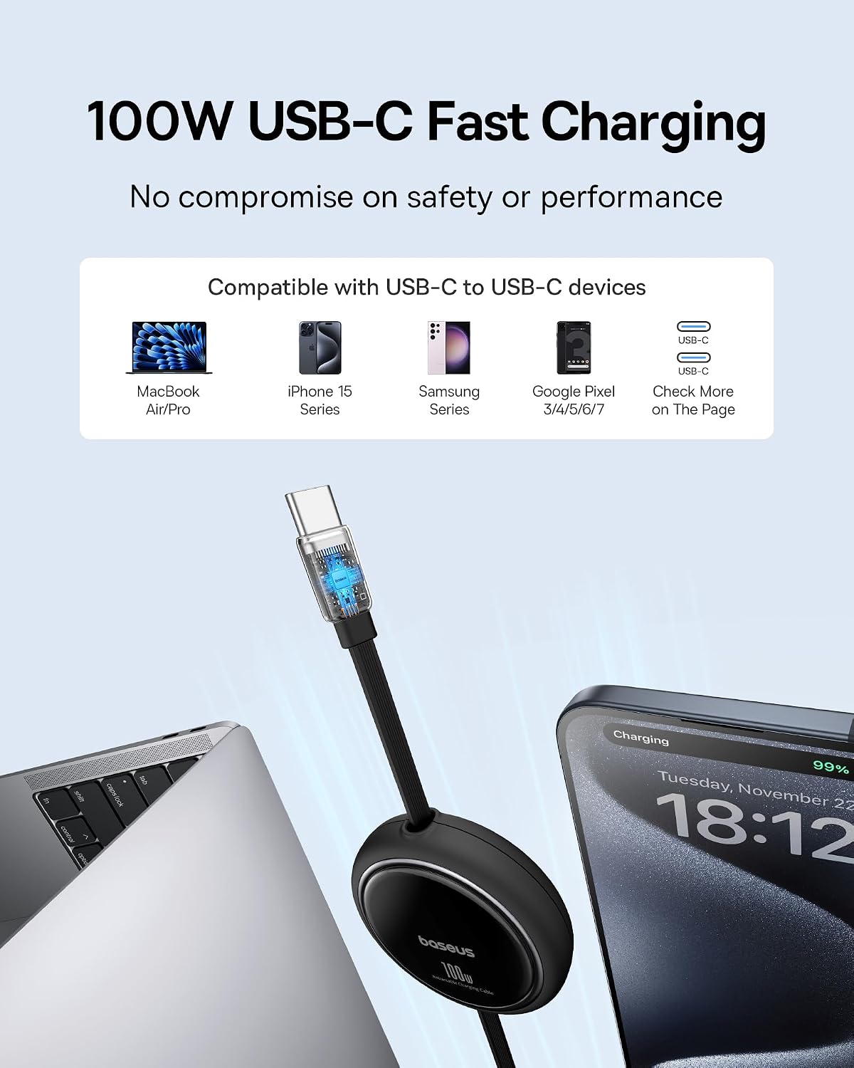 100W Retractable USB-C Fast Charging Travel Cable encalife