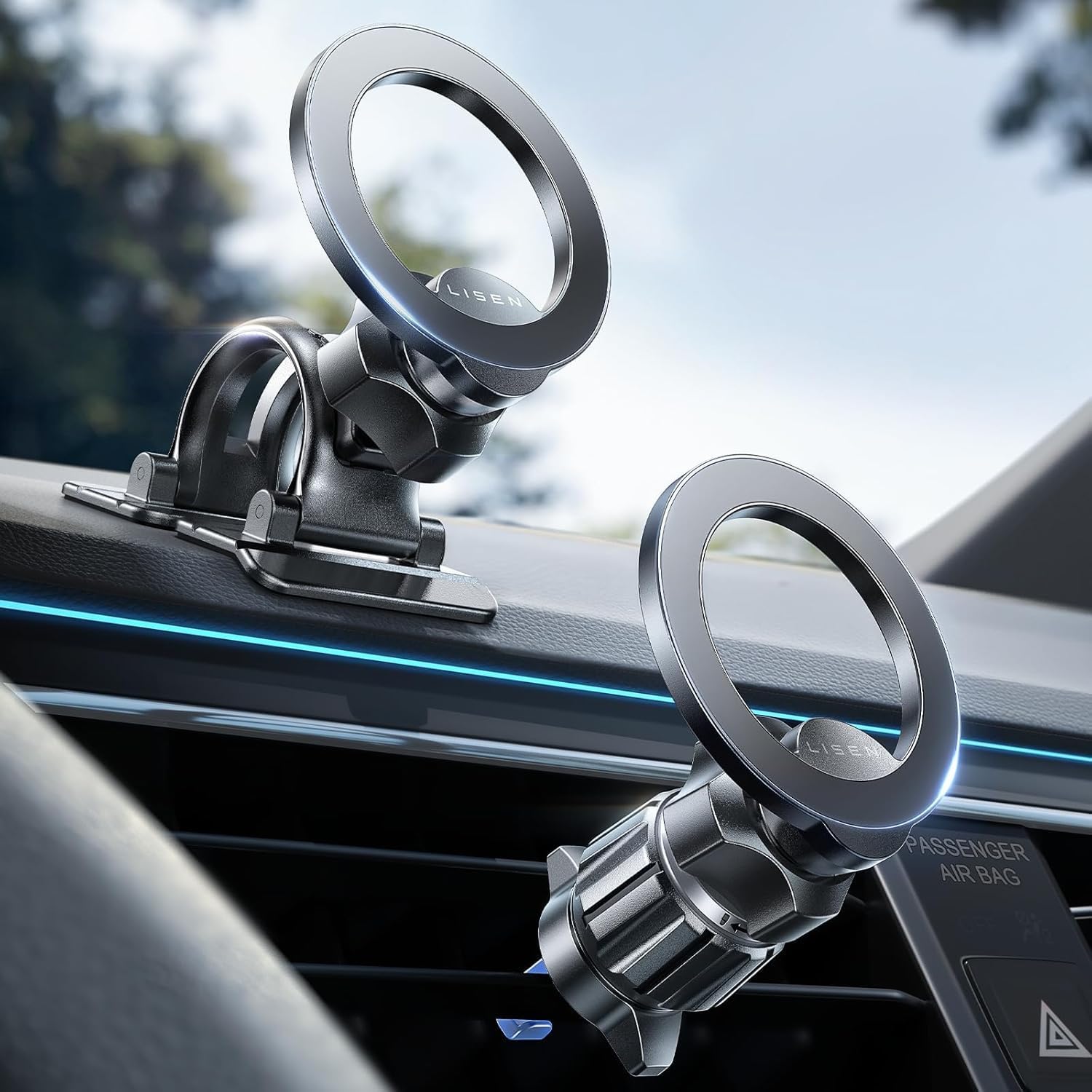 Black magnetic MagSafe car phone mount for air vent or dashboard use