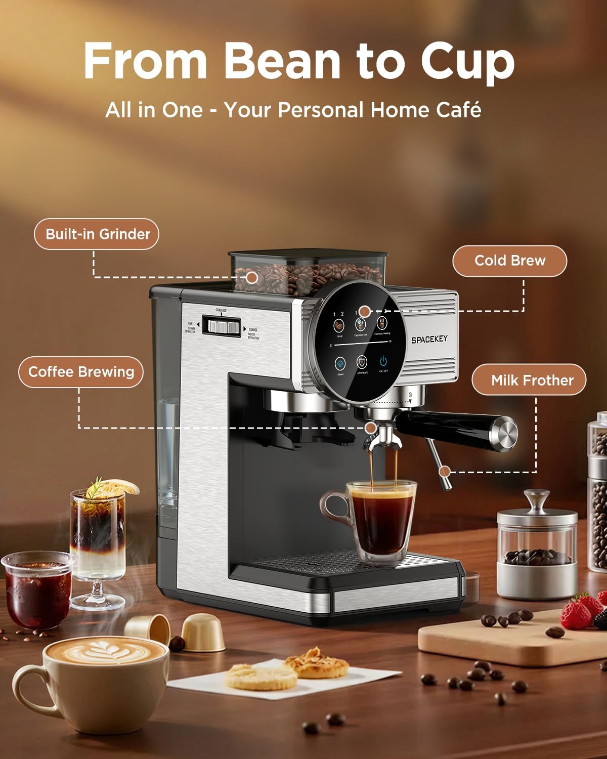 20 Bar Espresso Machine with Grinder &amp; Milk Frother encalife