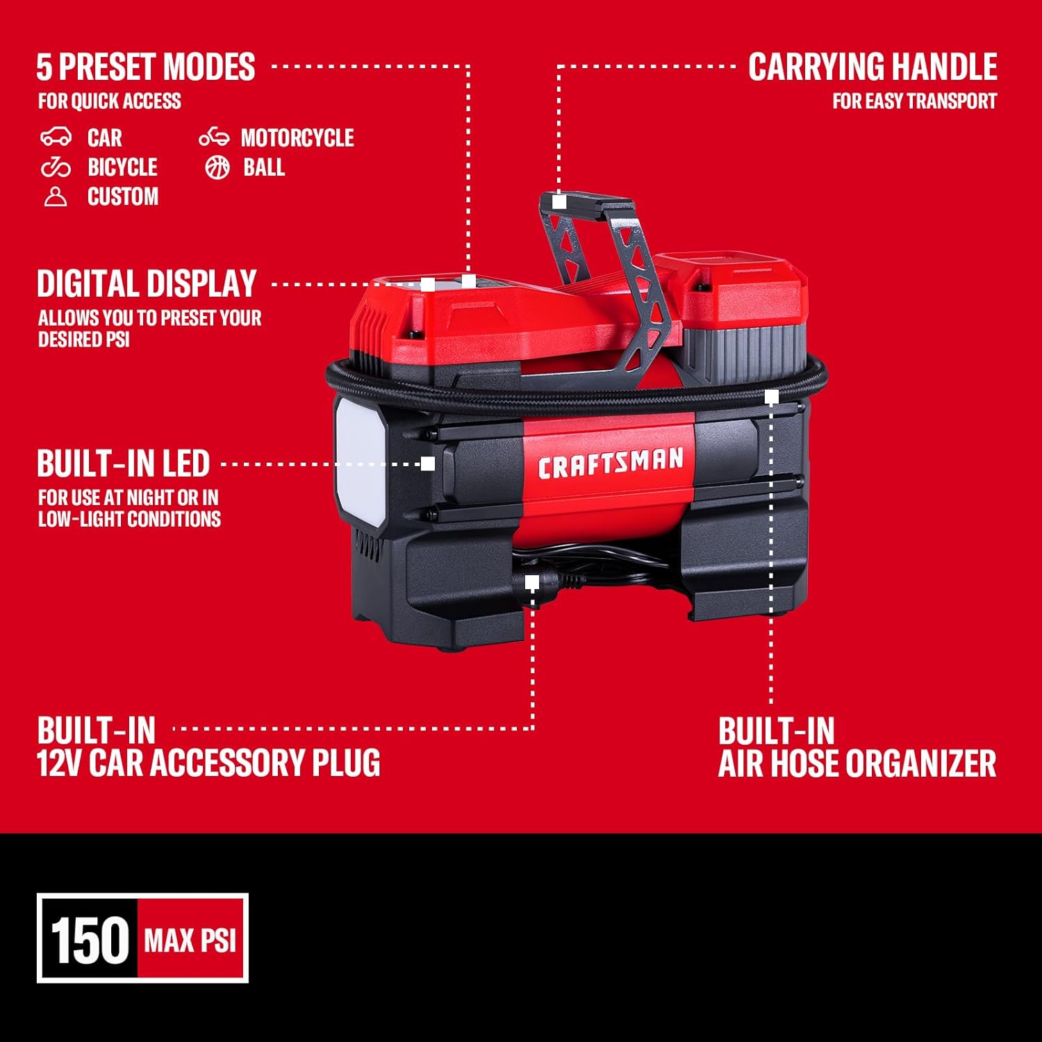 Compact 150PSI Tire Inflator With LED Light encalife