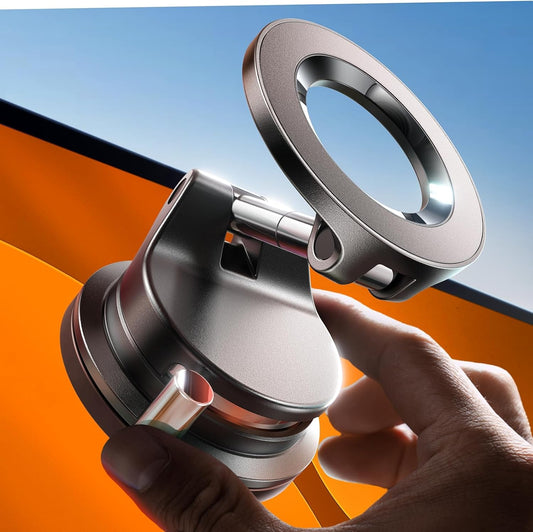 Black Magnetic MagSafe car phone mount with cooling suction base on dashboard