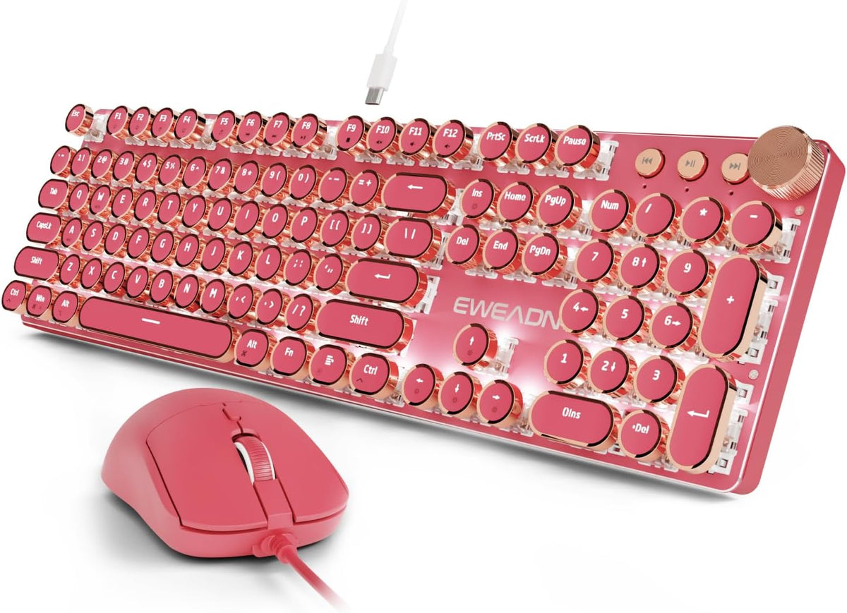 Gaming Typewriter Keyboard Mouse Combo RGB Retro encalife