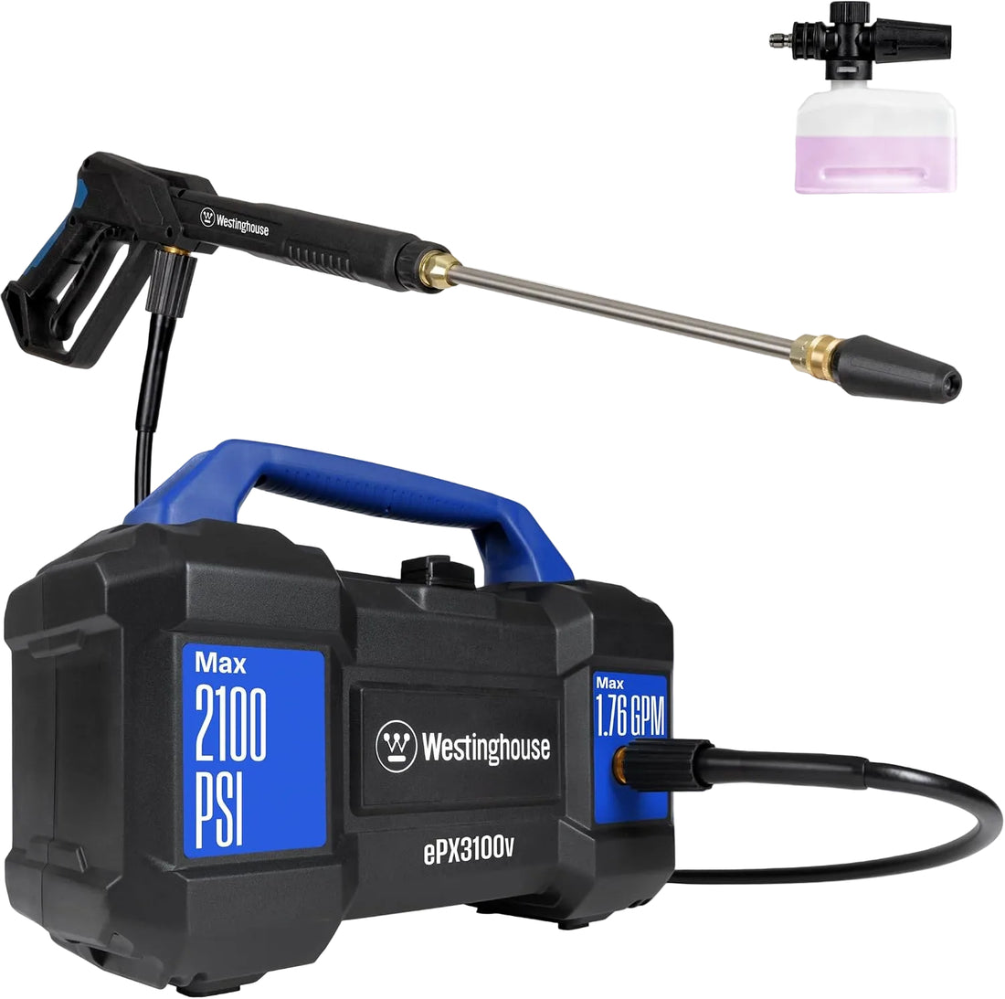 Compact black and blue electric pressure washer with carry handle, steel spray wand, nozzle attachments and detachable foam cannon