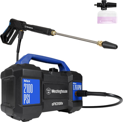Compact black and blue electric pressure washer with carry handle, steel spray wand, nozzle attachments and detachable foam cannon