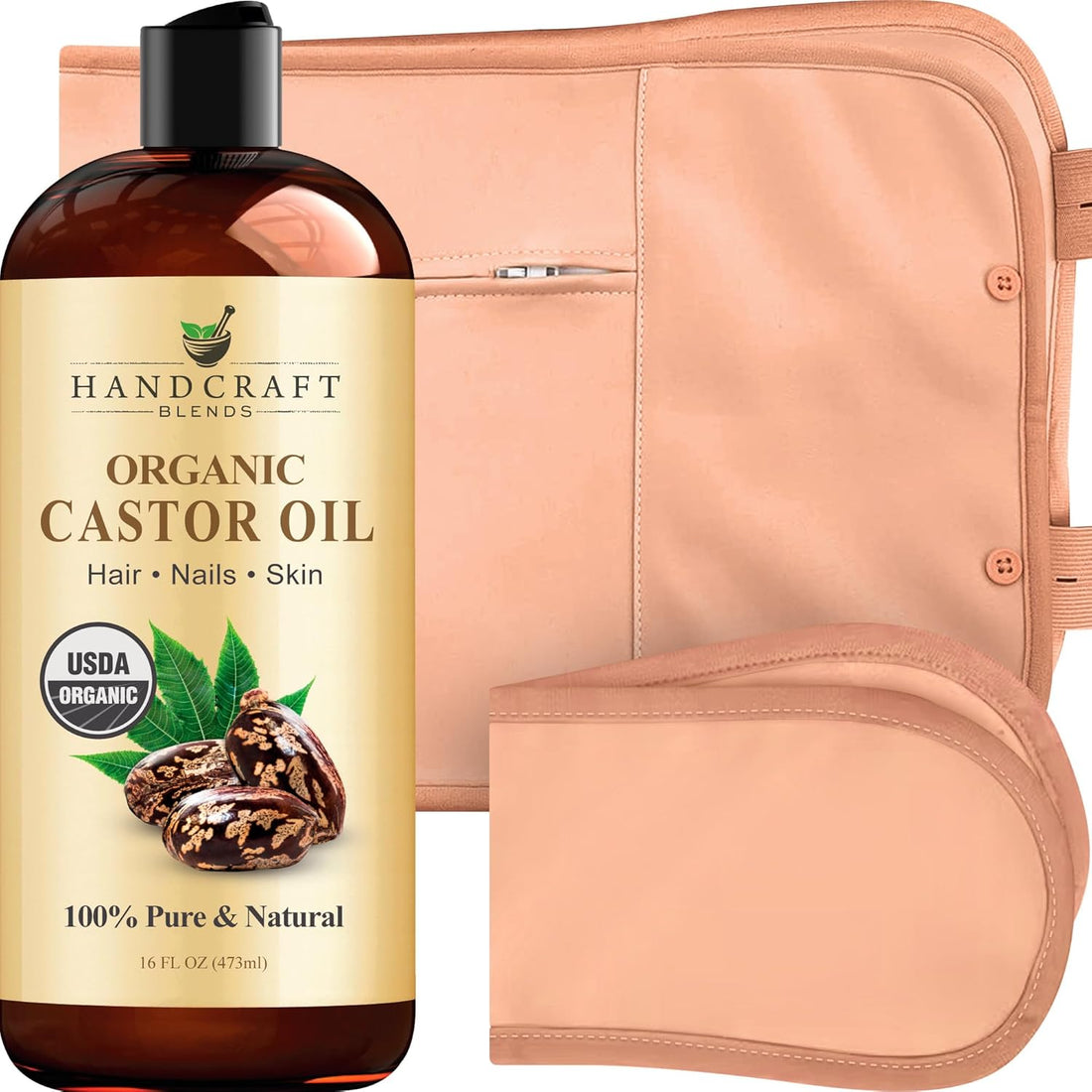 Organic castor oil pack wrap with adjustable straps for comfortable home wellness and self-care routine.