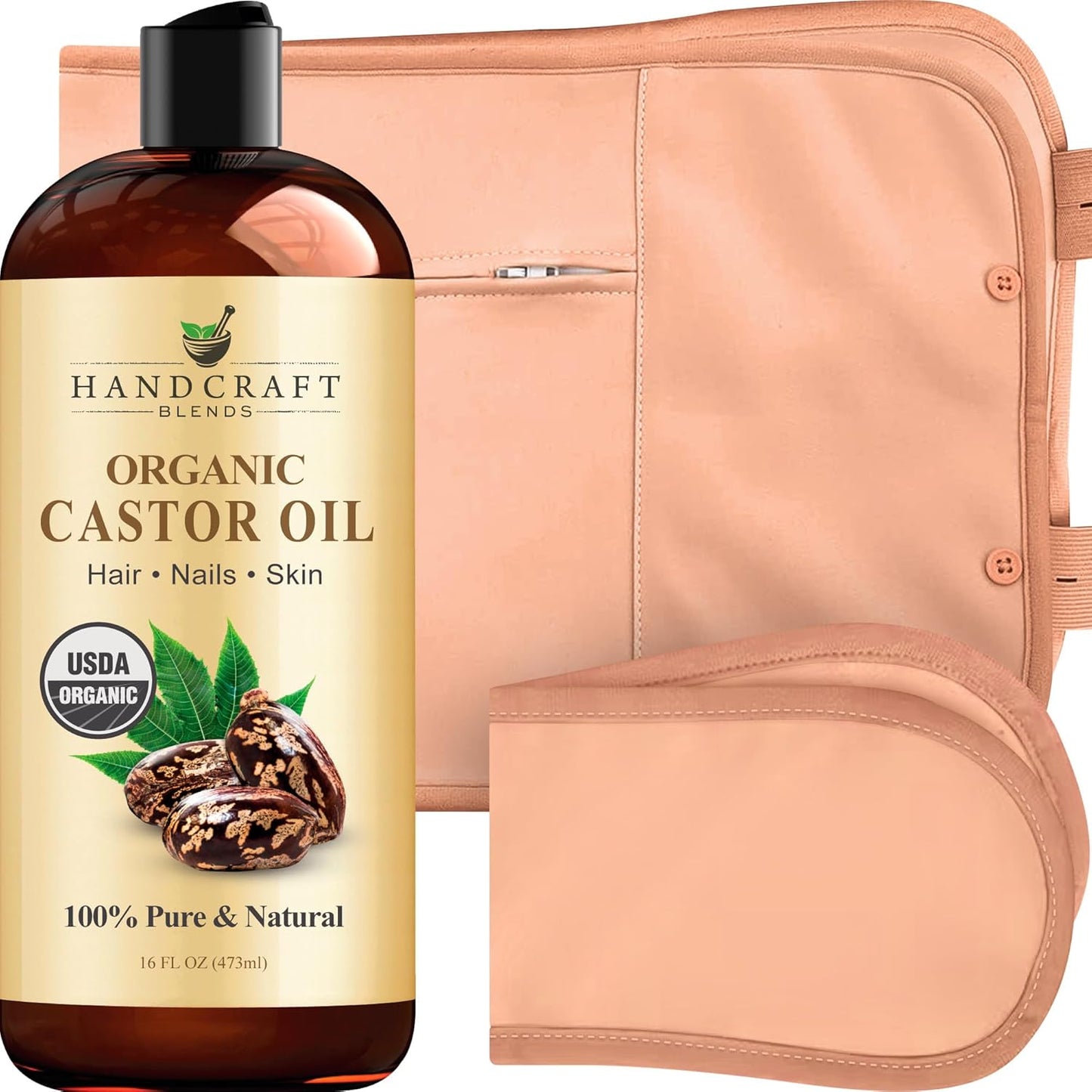 Organic castor oil pack wrap with adjustable straps for comfortable home wellness and self-care routine.