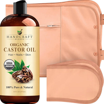 Organic castor oil pack wrap with adjustable straps for comfortable home wellness and self-care routine.