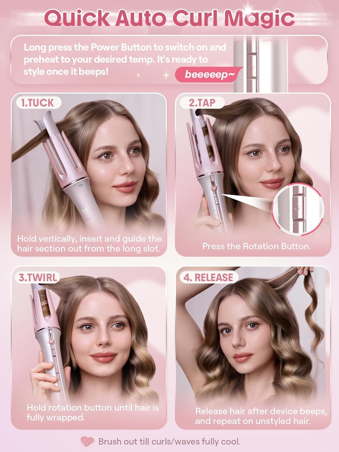 Pink Automatic Curling Iron | SHEGLAM Gift Hair Curler encalife
