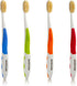 Four soft bristle flossing toothbrushes with white handles, cream-colored bristles, and blue, green, orange, and red grips.