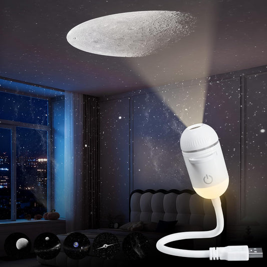 USB galaxy projector night light with 5 projection films and adjustable focus projecting a starry sky on the ceiling