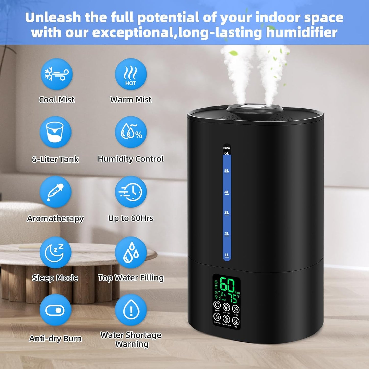 Warm & Cool Mist Humidifier | 6L Capacity | With Essential Oil Diffuser encalife