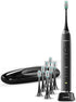 Black rechargeable sonic electric toothbrush with eight brush heads, wireless charging stand, travel case and retail packaging.