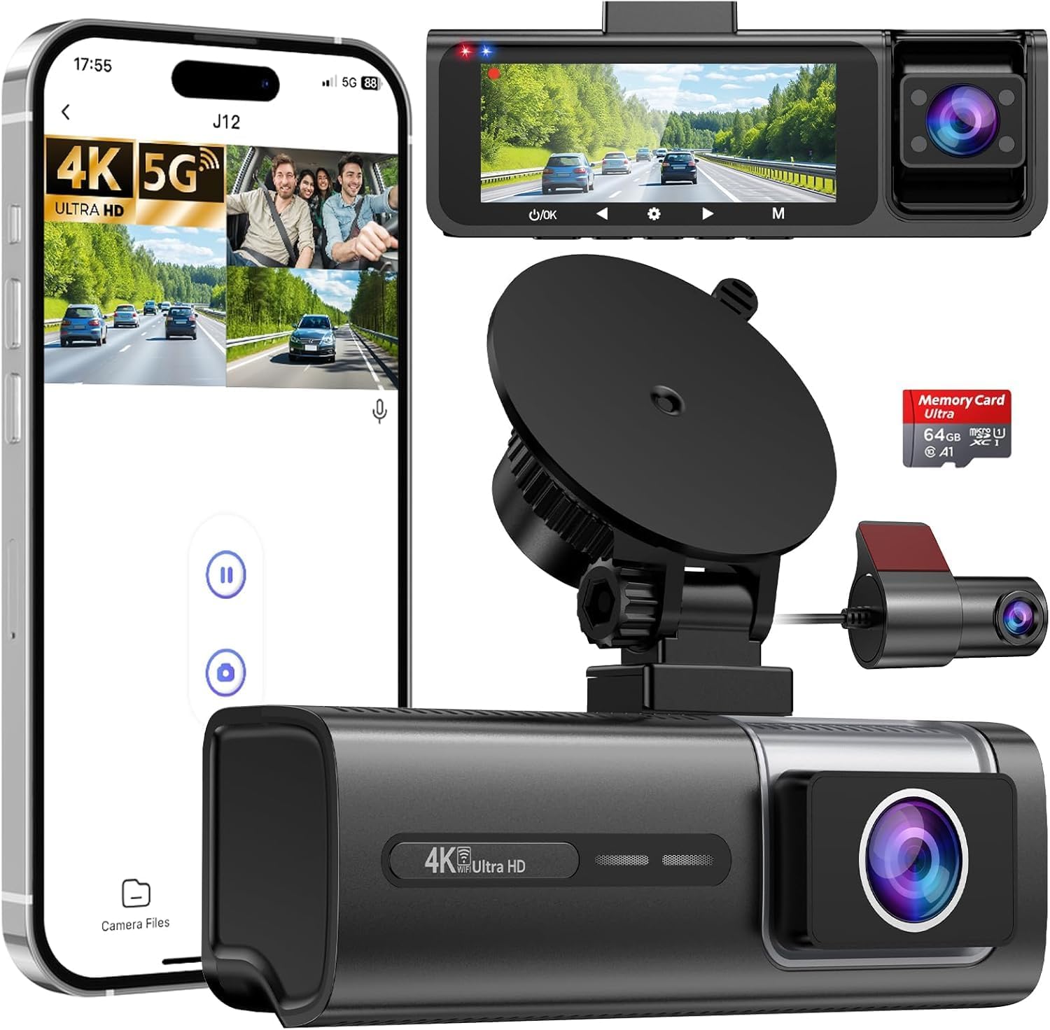 3 Channel 4K Dash Cam I Front Rear Inside WiFi