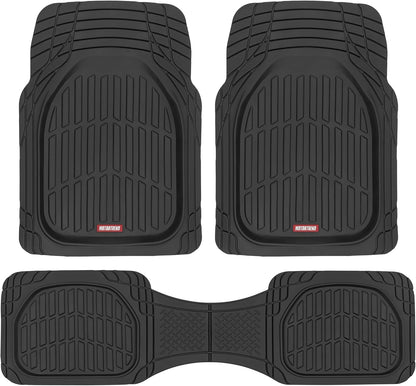 Three-piece black deep-dish rubber car floor-mat set with two front mats and one trim-to-fit rear liner.