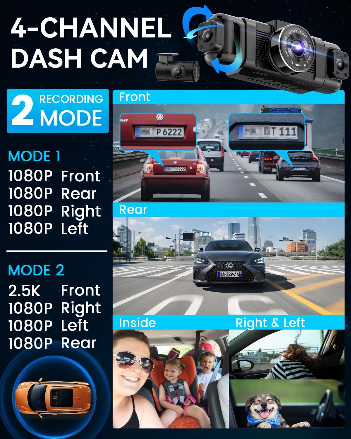 4 Channel Dash Cam I 360 View for Cars WiFi 128GB encalife