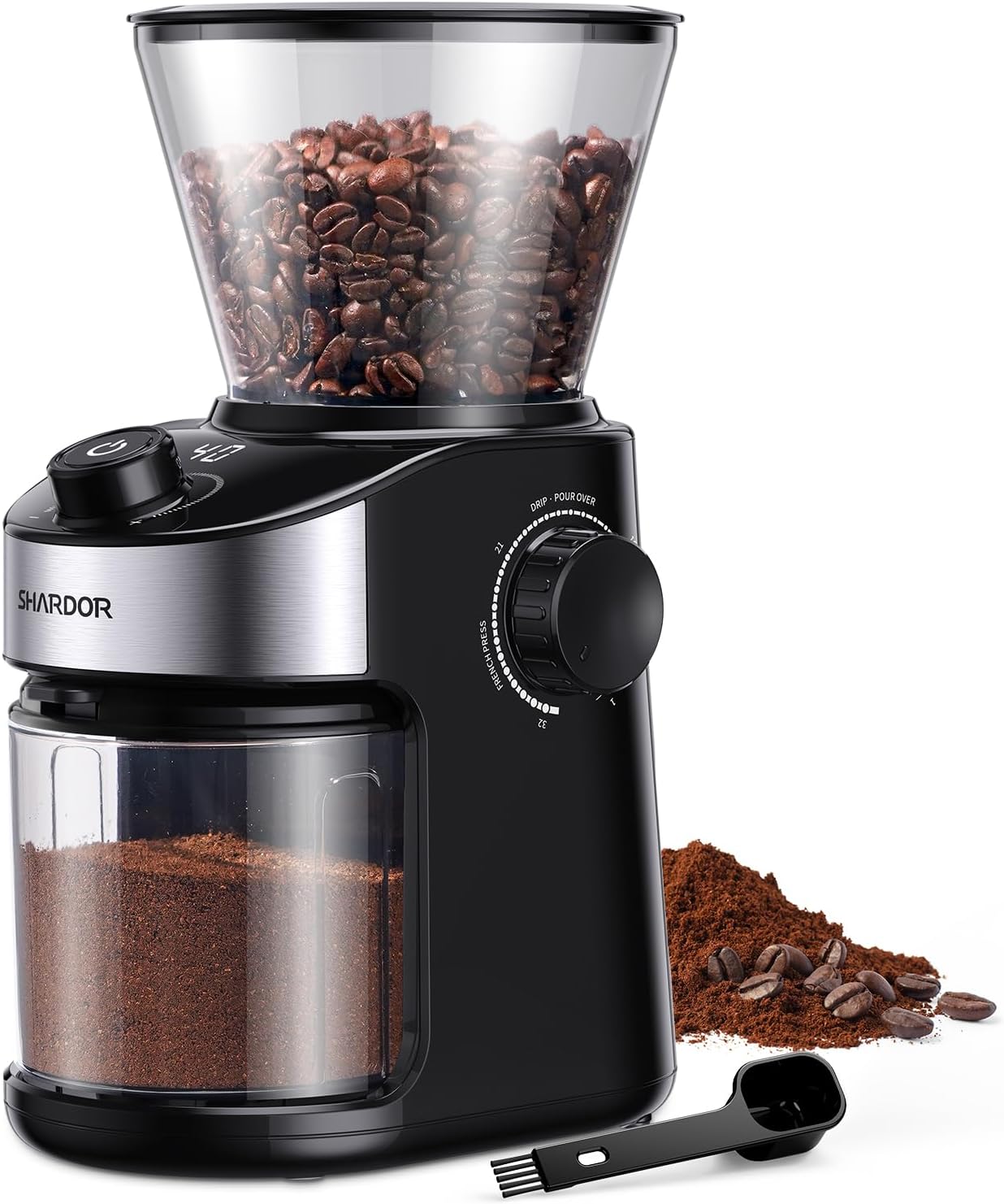 Electric burr coffee grinder with 32 grind settings