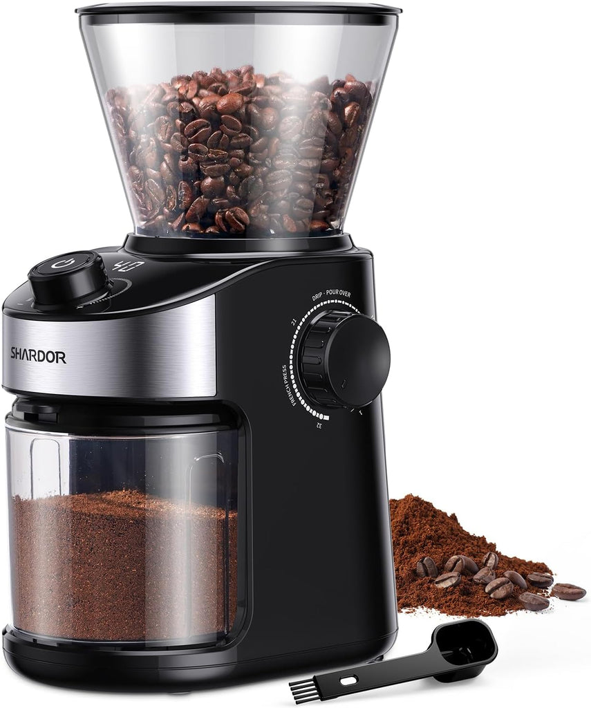Electric burr coffee grinder with 32 grind settings