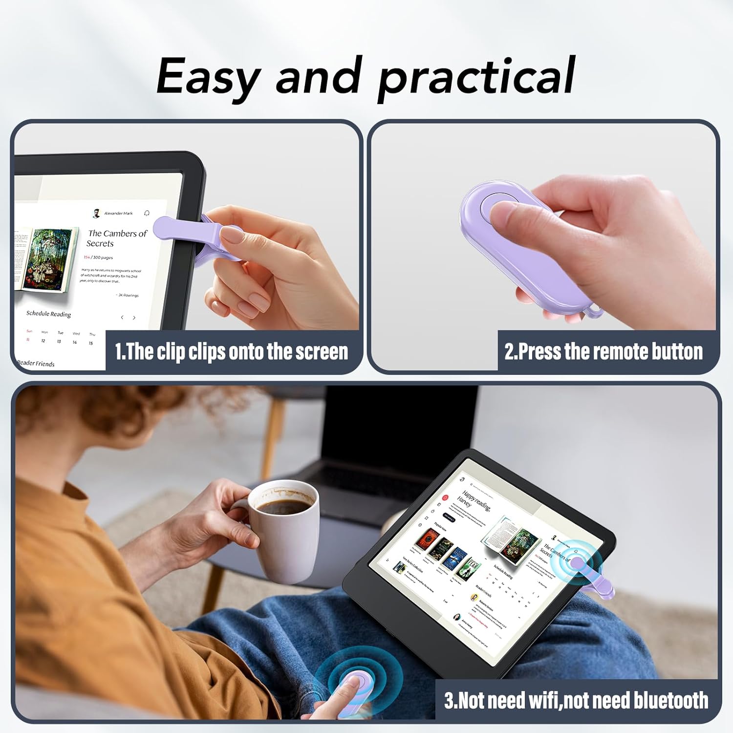 Purple Page Turner Remote for Quiet Bedtime Reading encalife