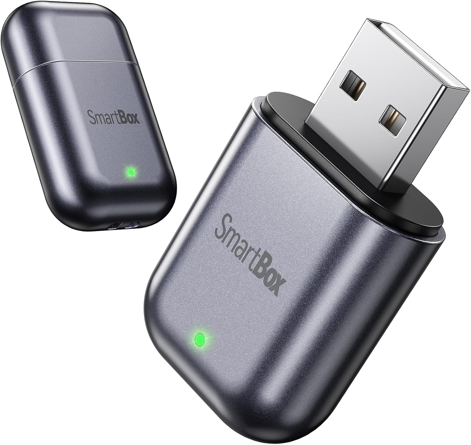 Ultra-mini Bright Gray CarPlay dongle close-up view
