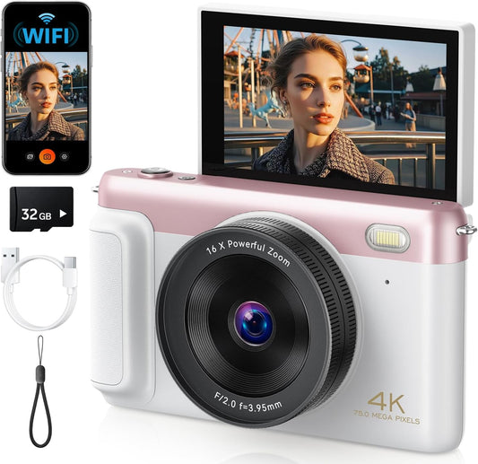 Pink 75MP 4K WiFi Vlogging Camera
