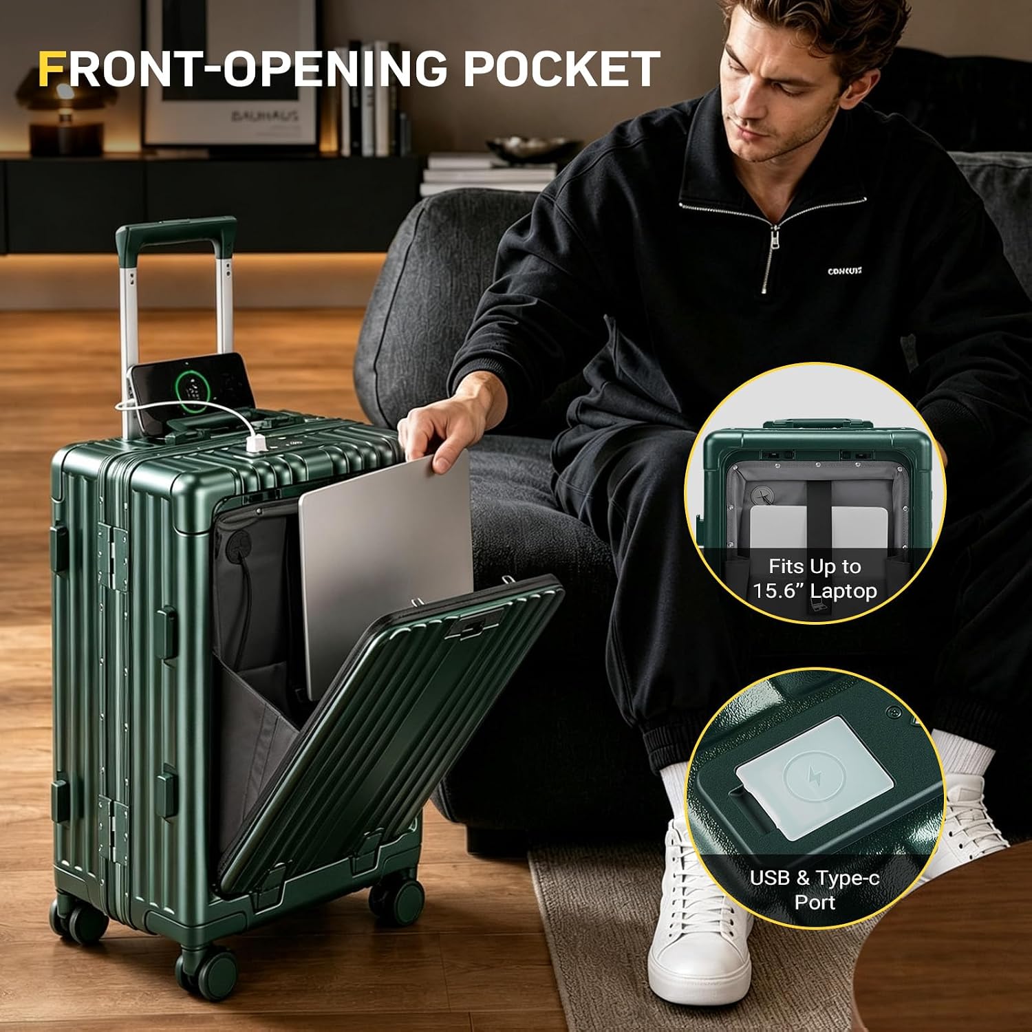 Aluminum Frame Carry On Luggage with USB Charging encalife