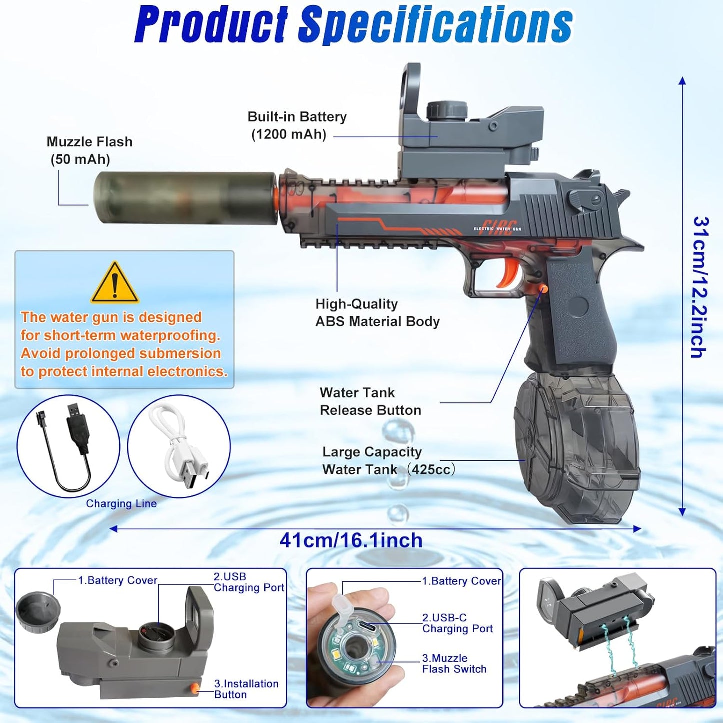 Electric Water Gun | Flash Recoil High Capacity 425CC Blaster Toy encalife