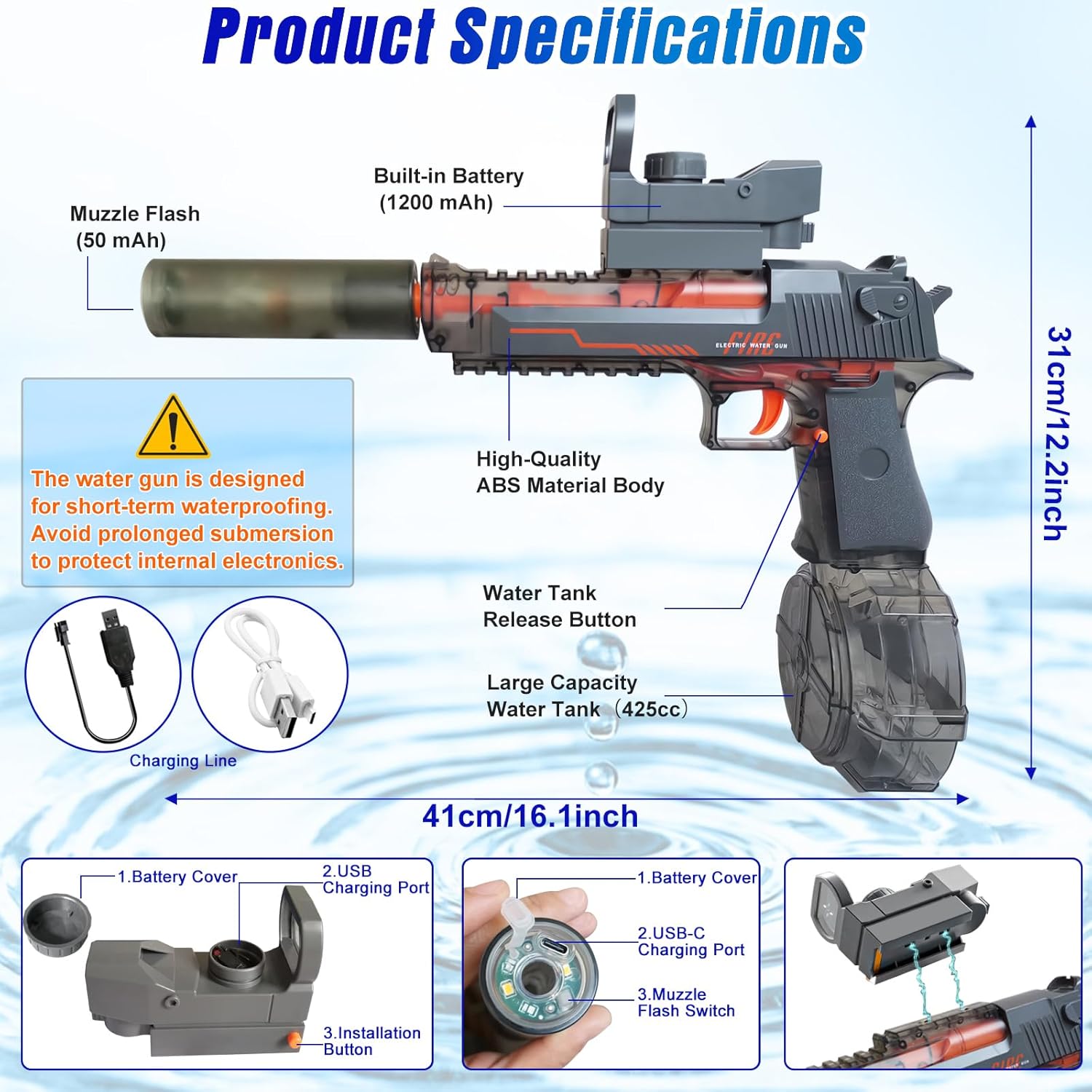 Electric Water Gun | Flash Recoil High Capacity 425CC Blaster Toy encalife