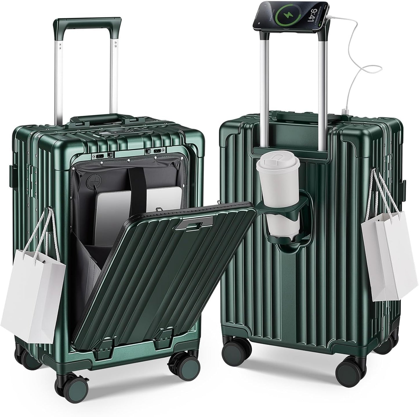 Aluminum frame carry on luggage with front pocket and USB charging