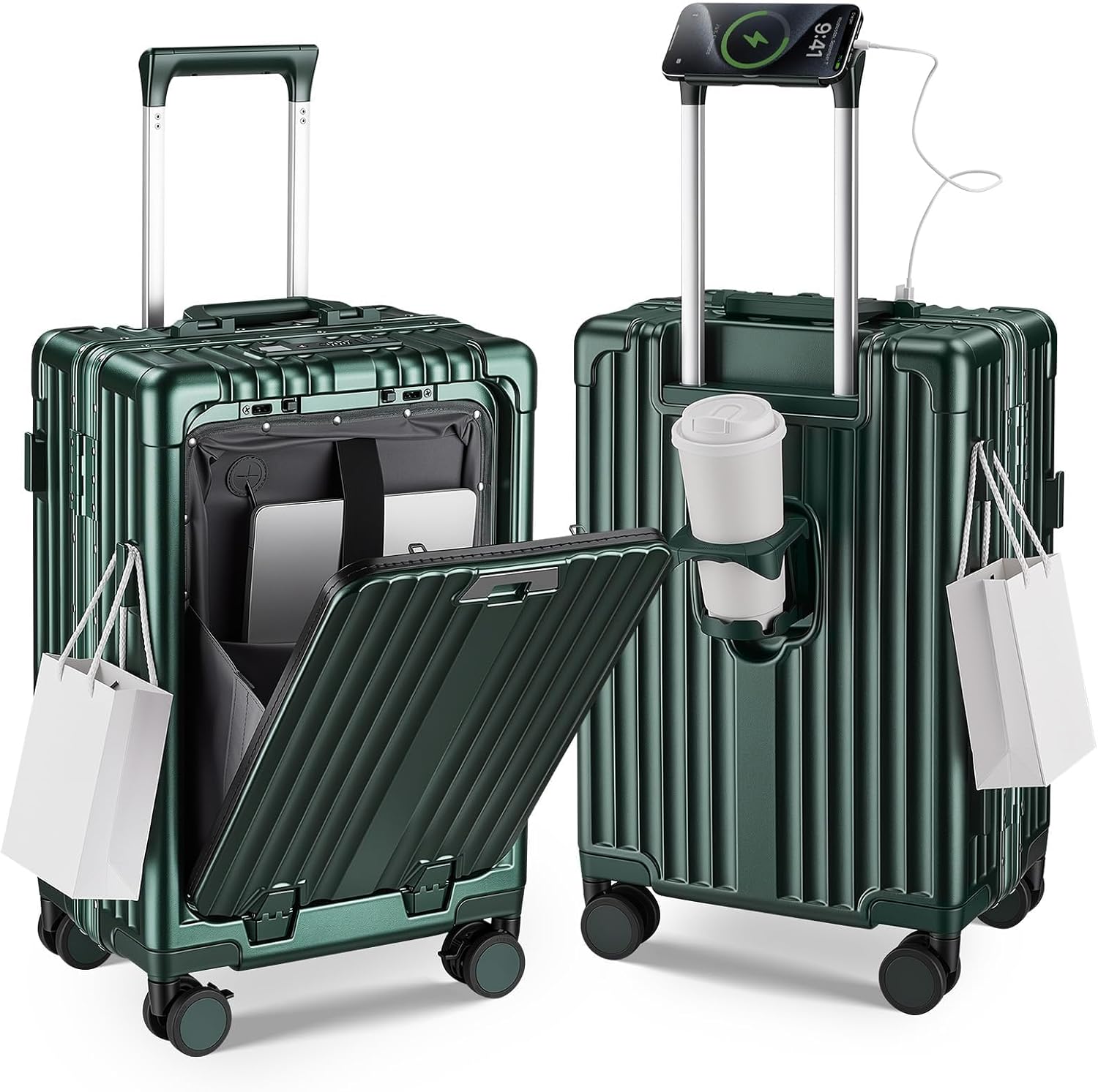Aluminum frame carry on luggage with front pocket and USB charging