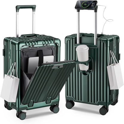 Aluminum frame carry on luggage with front pocket and USB charging