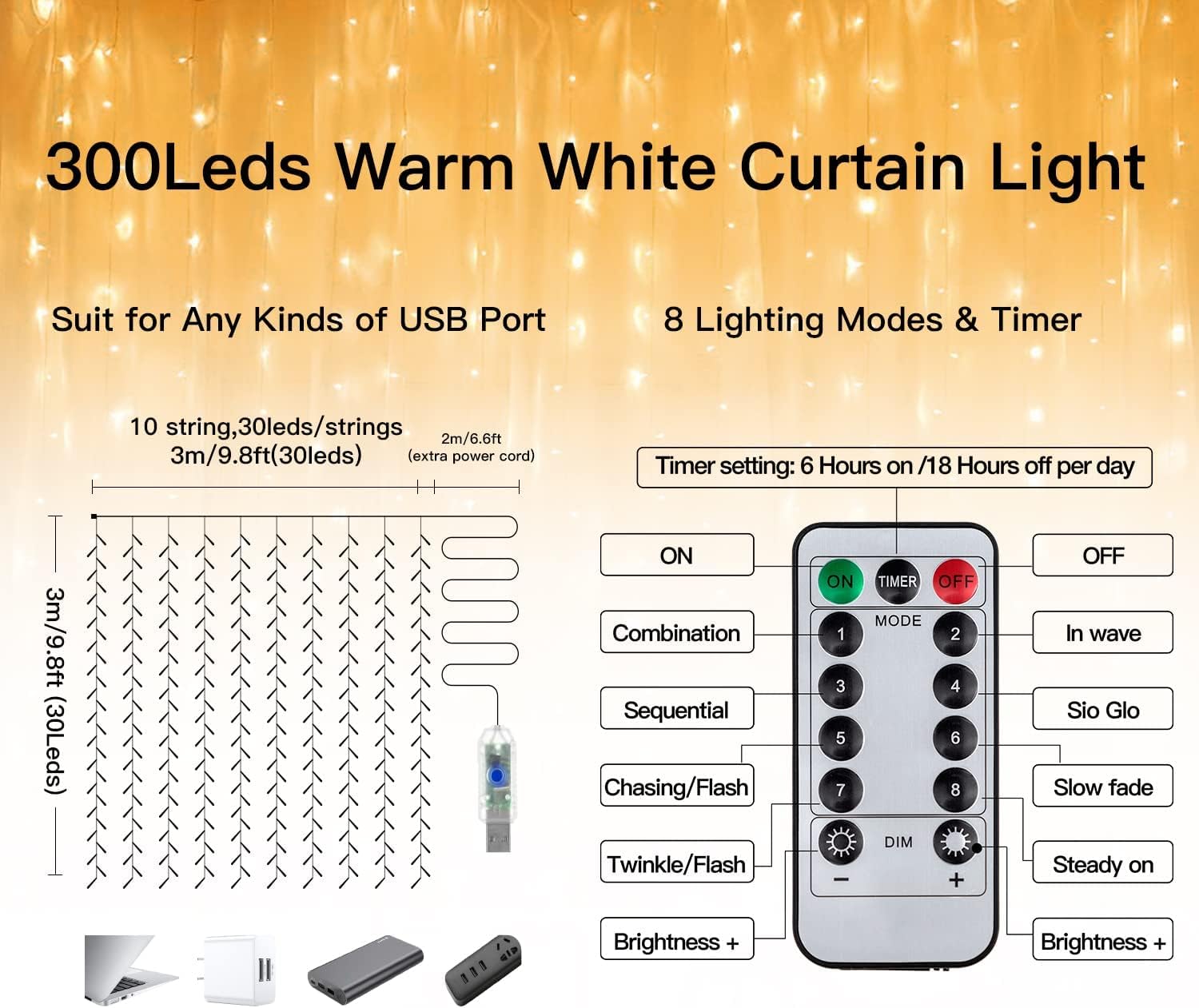 9.8x9.8ft Warm White LED Curtain Lights encalife