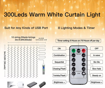 9.8x9.8ft Warm White LED Curtain Lights encalife